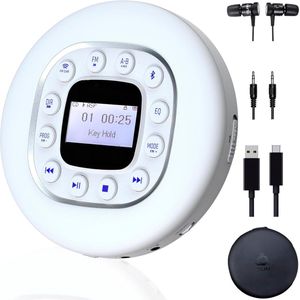 Draagbare CD Speler met Lange Batterijduur - Inclusief Nieuwe Koptelefoon - FM Radio - MP3 Compatibel - SD Kaart Ondersteuning - FM Transmitter - Bluetooth - Ideaal voor de Auto - Witte Kleur