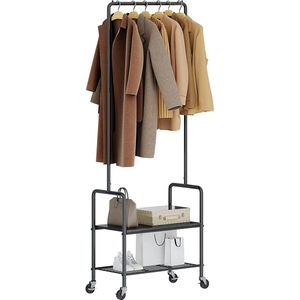 Ruimtebesparend kledingrek op wielen - Draagbare hangende opbergorganizer met 2 planken - Stijlvol metalen kledingrek (Zwart)
