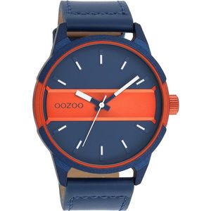 OOZOO Timepieces - Blauw/fluo oranje OOZOO horloge met blauwe leren band - C11232