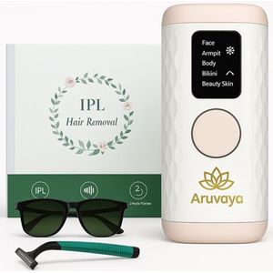 Aruvaya Premium IPL Laser Ontharingsapparaat - Ontharingsapparaten - 1.000.000 Flitsen - Ice Cooling Functie - 5 Standen - Hele Lichaam - Voor Gevoelige Huid - Voor Elk Huid en Haartype - Haarvrij - Inclusief Scheermesje & Beschermbril & Aloë Vera