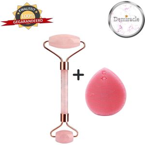 Demiracle Rose Quartz Face Roller met Roze Siliconen Gezichtsborstel - Valentijnsdag - Cadeau - Gezichtsroller - Massage Roller - Jade Roller - Rimpelverwijdering - Ontspanning - Kwaliteit