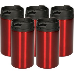 5x Warmhoudbekers metallic/warm houd bekers rood 320 ml - RVS Isoleerbekers/thermosbekers voor onderweg