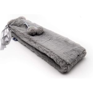 Lange warmwaterkruik 2 liter met wollige overtrek grijs pompons - pijnverlichting rug buik schouder nek - natuurlijk rubber