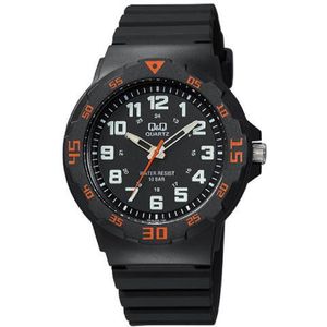 Q&Q VR18J008Y - Horloge - Sport - Analoog - Heren - Mannen - Plastic band - Rond - Cijfers - Kunststof - Zwart - Oranje - Crème