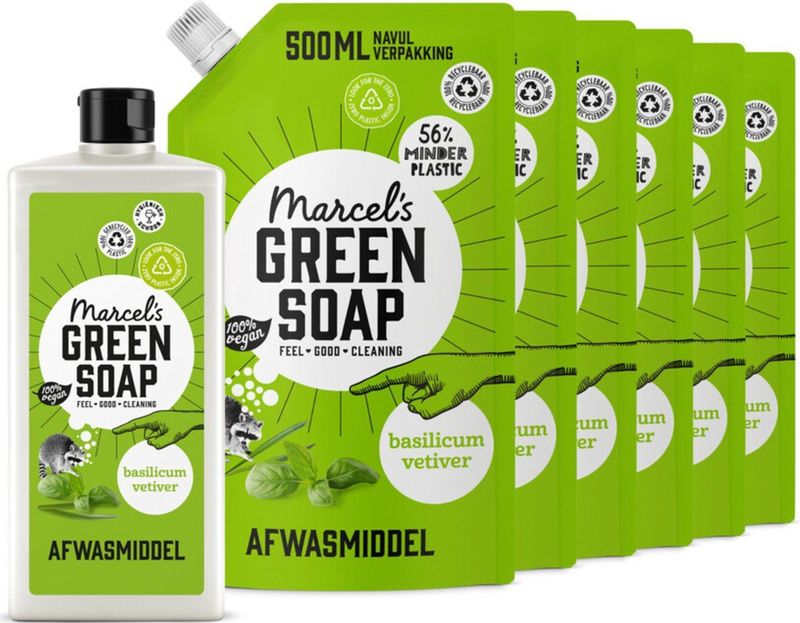 Marcel's Green Soap Afwasmiddel Basilicum & Vertivert Gras + 6 Navullingen Pakket