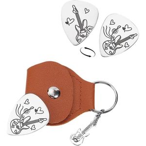 Allecto Plus - Muziekinstrument Dubbelzijdige Gitaarplectrums Set met Sleutelhanger van Roestvrij Staal en PU Lederen Hoes