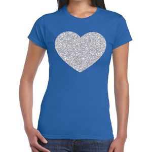 Zilveren hart glitter t-shirt blauw dames - dames shirt hart van zilver S