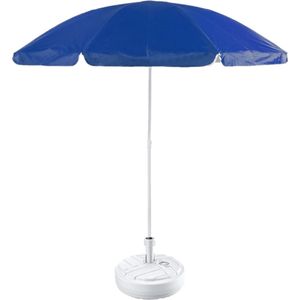 Blauw lichtgewicht strand/tuin basic parasol van nylon 200 cm + vulbare parasolvoet wit van plastic