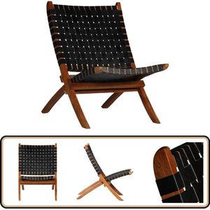 vidaXL Klapstoel Echt Leer Zwart - Luxe Ontwerp Relaxfauteuil - Lederen Fauteuil - Zwarte Fauteuil - Vouwstoel - Terrasstoel