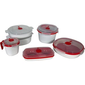 5-delige set magnetronreservoirs, stoompan, 4 l, stoompan, 2 l, rijstkoker, eier- en omeletkoker, beker, voedselcontainer met deksel voor de magnetron