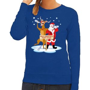 Foute kersttrui / sweater dronken kerstman en rendier Rudolf na kerstborrel/ feest blauw voor dames - Kersttruien XL