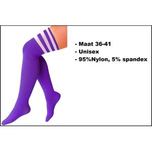 Paar lange sokken paars met witte strepen - maat 36-41 - kniekousen overknee kousen sportsokken cheerleader carnaval voetbal hockey unisex festival
