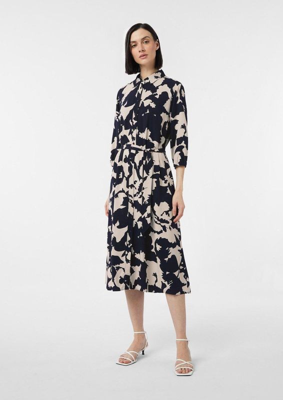 comma - Midi-overhemdjurk - Blauw - Met Ceintuur - 3/4 Mouwen