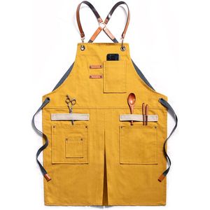 Vitdipy - Denim schort - Met handige zakken - Pottenbakken Schort - Verfschort - Schort voor Dames en Heren - Voor kappers, ambachtslieden, barista's, grillers - Geel