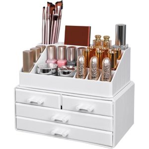 Acryl Make-Up Organizer Met 4 Schuifladen - Transparante Opbergdoos Voor Lippenstift - Sieraden - Nagellak - Naaigaren - Badkamer Of Slaapkamer - Wit Kunststof - 24x18.5x13.5 Cm