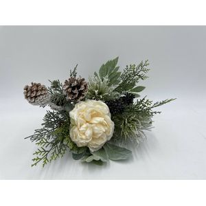 Kunstbloem boeket winters roos dennenappel groen wit sneeuw 28 cm | 50022 | Stoer & Sober Woonstijl