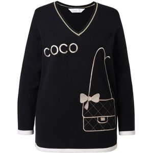 MIAMODA MIAMODA - Dames - Trui comfort fit Coco- en zakborduursel - Zwart - Maat 42+