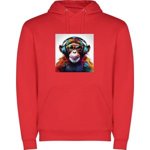 Rode unisex hoodie met “ Kleurrijke Chimpansee met Bril en Koptelefoon“ Print Full merk Roly maat XXL