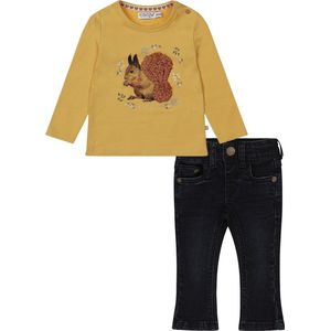 Dirkje - kledingset - 2 delig - Meisjes - Flaired Blue jeans - T-shirt LS okergeel met eekhoorn - Maat 92
