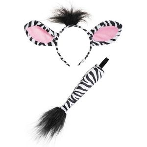 Zebra haarband oren & staart diadeem pakje - zebraprint zwart wit gestreept dierenpak paard oortjes pak - kinderfeestje festival