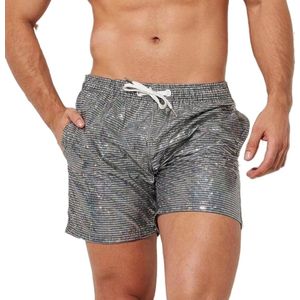 Zilver Metallic Heren Short – Glanzende Korte Broek met Zakken & Trekkoord