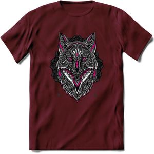 Vos - Dieren Mandala T-Shirt | Roze | Grappig Verjaardag Zentangle Dierenkop Cadeau Shirt | Dames - Heren - Unisex | Wildlife Tshirt Kleding Kado | - Burgundy - XXL