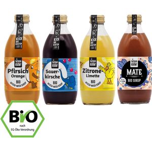 SodaBar Bundel - 4x 330ml BIO Sodamaker bitter lemon, Mate, Perzik en kersen Siroop - Fruitsiroop - Limonadesiroop geschikt voor SodaStream