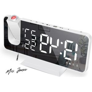 Mrs. Jones Digitale Projectiewekker met 75 inch gespiegeld LED-display - FM-radio - Snooze Dubbel Alarm - Helderheid van 4 Schermen - Automatische Dimfunctie - USB-poort (Wit) .