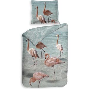 Premium Biologisch Katoen/Satijn Eenpersoons Dekbedovertrek Flamingo's | 140x200/220 | Luxe En Comfortabel | Hoogwaardige Kwaliteit