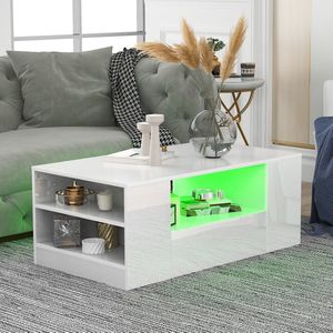 Moderne hoogglanzende salontafel met 16 kleuren LED-verlichting-rechthoekige bank Bijzettafel met 2 lades en 2 planken voor woonkamer 2 lagen - 95 x 53 x 37 cm wit