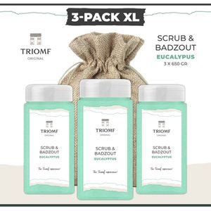 Deluxe Scrub & Badzout - 650 gram - Eucalyptus - 3-Pack | Triomf Original - Luxe Wellness - Scrubzout Body Peeling Hammam - Hydraterende Lichaamsscrub - Sea Salt Bodyscrub - Verzorgings Giftset van 3 - Zeezout - Huidverzorging - Douche - Sauna - Bad