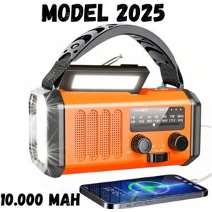 Noodradio - Solar Opwindbaar 10.000mAh - MODEL 2025 - Solar powerbank Zonneenergie - Survival Noodpakket - Zaklamp Oplaadbaar - Noodpakket – Noodrantsoen - Oranje