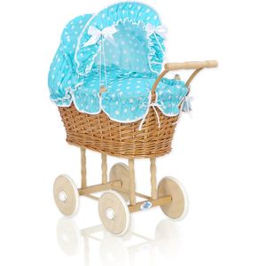 Rieten poppenwagen met turquoise beddengoed en vulling - naturel