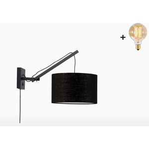Wandlamp met Korte Arm - ANDES - Zwart Bamboe - Zwart Linnen - Met LED-lamp