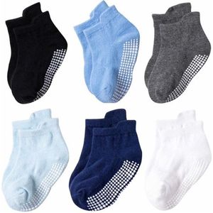 6 Paar - Antislip Sokken Kind Baby - 1-3 jaar - Blauw Grijs - Enkelsokken - Verbeterde kwaliteit