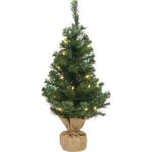 Kleine volle kerstboom in jute zak 45 cm - Kunst kerstbomen / kunstbomen- Met 10 Lampjes - Op Batterijen