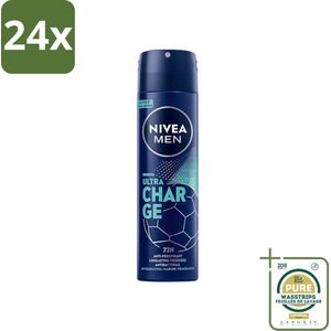 Nivea - Men - Deodorant - Spray - Ultra Charge - 150 ml - Voordeelverpakking - 24 stuks - 48 uur bescherming - Mannelijke geur