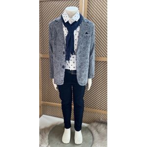 luxe jongens kostuum-kinderpak- kinderkostuum-4 delige set -bedrukte blazer, marineblauwe sjaal ,marineblauwe broek, bedrukte hemd -bruidsjonkers-bruiloft-feest-verjaardag-fotoshoot- 3 jaar