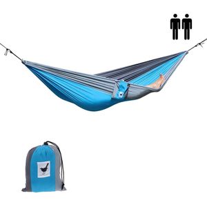 MoreThanHip (Reis)hangmat XXL Relaxzz - Grijs/blauw - 2 Persoons hangmat van lichtgewicht parachutestof met opbergzak - Ligoppervlak 260 x 210 cm - Lengte 290 cm - voor tuin, camping en vakantie