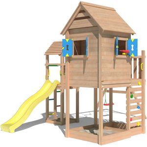 Jungle Gym speeltoestel van douglas hout - Jungle Retreat met gele glijbaan - Tuin speeltoestel voor buiten met zandbak en schommels
