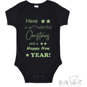 100% katoenen Romper ""Have a wonderful Christmas and a happy New year!"" Kerst Kerstmis Nieuwjaar Unisex Katoen Zwart/sage green (saliegroen) 62/68