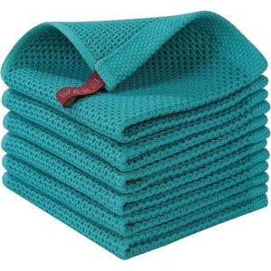 Theedoeken, 100% katoen, 30 x 30 cm, zachte theedoeken, keukendoeken, absorberende keukendoeken, dikke pluisvrije theedoek, vaatdoeken, poetsdoeken, 6 stuks, blauwgroen