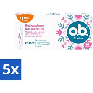 5 x o.b. Tampons - Original Super - Gebogen Groeven - Voor Betrouwbare Bescherming - 16 Tampons - Tampons - Menstruatiebescherming - Gebogen Groeven - Super Absorptie - StayDry