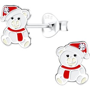 Joy|S - Zilveren kerst beer oorbellen - 6 x 8 mm - wit rood zilver