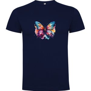 Donker Blauw T-Shirt met “ Kleurrijke Pachtige Vlinder“ Print Full Color Maat S