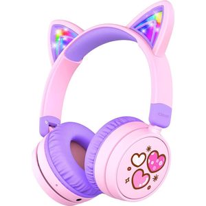 iClever - BTH21 - draadloze junior koptelefoon - cat ears - volumebegrenzing - RGB led lights - microfoon - lange batterijduur (lila)