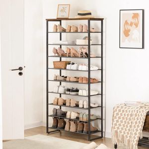 Schoenenrek met 10 niveaus, smal schoenenkast, schoen organisator voor 32-40 paar schoenen, metaal, voor hal, woonkamer, vintage bruin-zwart