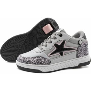 Breezy Rollers Kinder Sneakers met Wieltjes - Glitter Zilver grijs - Schoenen met wieltjes - Rolschoenen - Maat: 33