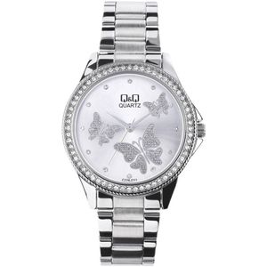 Q & Q Dames Q&Q stalen dameshorloge met vlinders - Horloge - Staal - Zilverkleurig - 37.50 mm