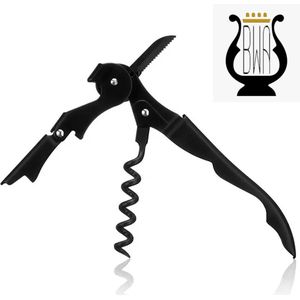 BWA Products® - Kurkentrekker, bieropener, wijnopener, flesopener, kelnersmes, mat zwart, multifunctioneel, RVS, roestvrij staal, zakmes, mesje, bier opener, wijn opener, edelstaal, duurzaam
